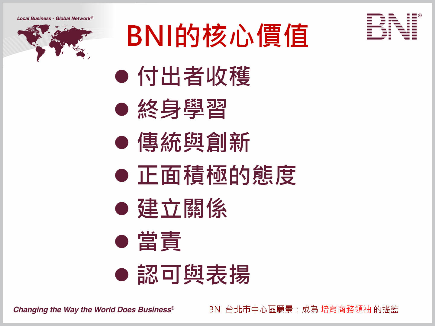 BNI的核心價值 - BNI-集團式口碑行銷│商務會議│商務引薦平台
